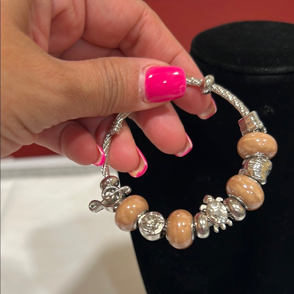 Elegant Silver tone and Tan Charm Bracelet